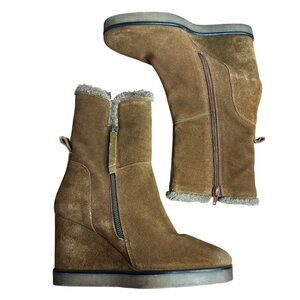 Cafe Noir‎ Suede Cabin Couture Wedge Boots Tan Faux Fur Trim NEW